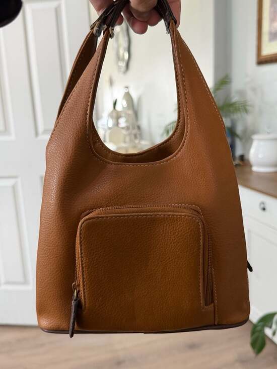 Nine West Handbags - Vintage Nine West Tan Faux Leather Small Hobo Handbag with Zipper Pockets